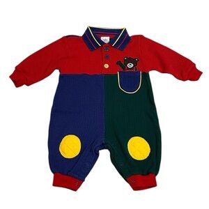 Vintage Baby Romper Waffle Knit Color Block Long Sleeve 6-9M Primary Colors